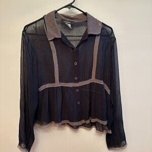 Cotelac Sheer Blouse Womens Size 4 Black Contrast Trim Crepe Luxury Whimsey Goth